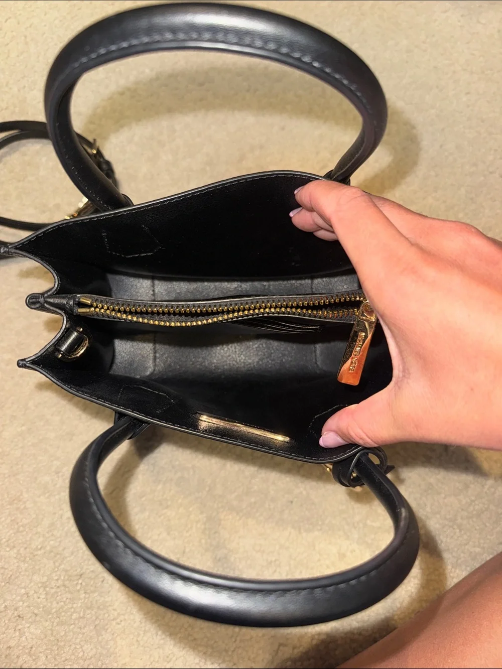 Michael Kors Black Pebble Leather Satchel with Gold MK Charm
